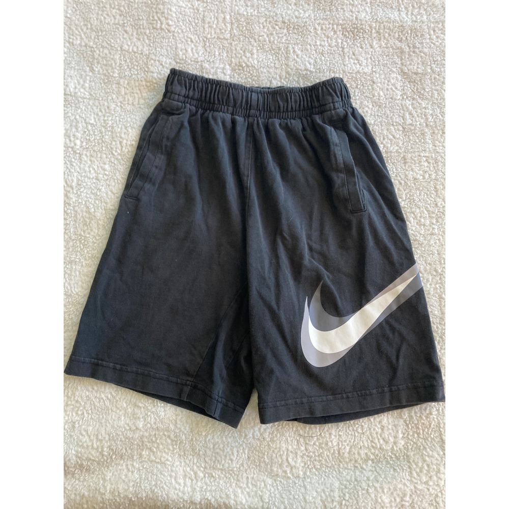 Nike Boys Black Cotton Jersey Athletic Shorts‎ Large Swoosh Graphic Size Medium
